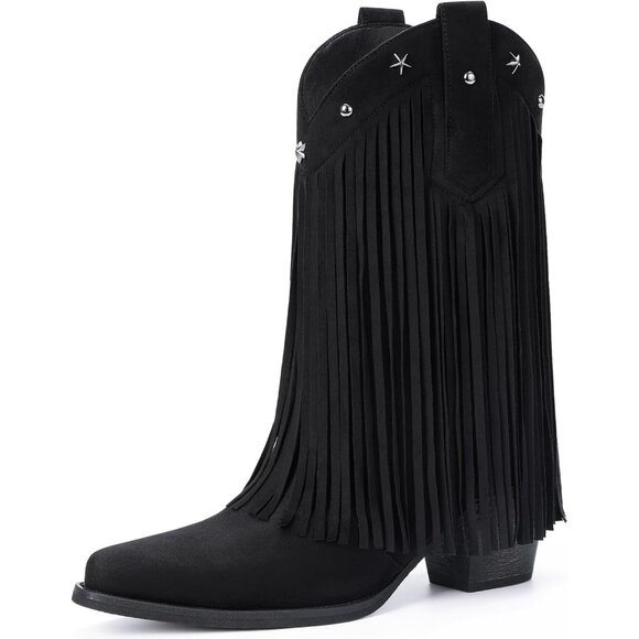 ⚡Women's Black Suede Mid Calf Cowgirl Boots Star Studded Pointed Toe Chunky Heel - Picture 1 of 5